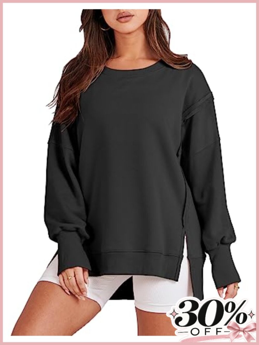 Oversized Crew Neck Sweatshirt Long Sleeve Side Slit Drop Shoulder
